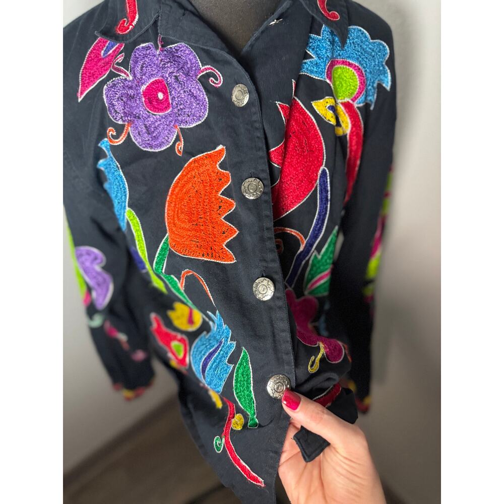 Vintage RS Sport Embroidered Jacket Black Floral Artsy Cropped Button Front L - Picture 3 of 10